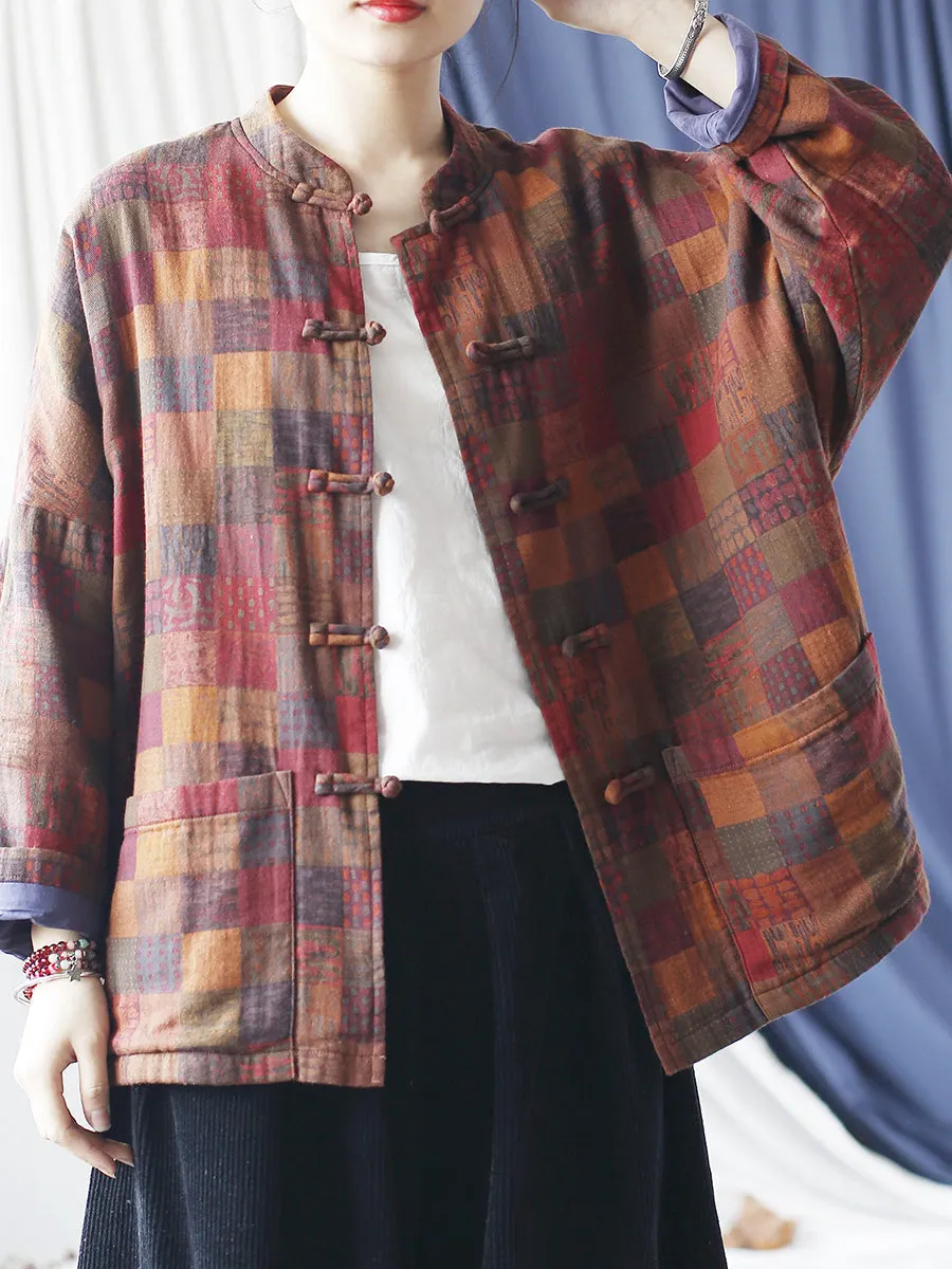 Women Vintage Spring Plaid Cotton Shirt Coat