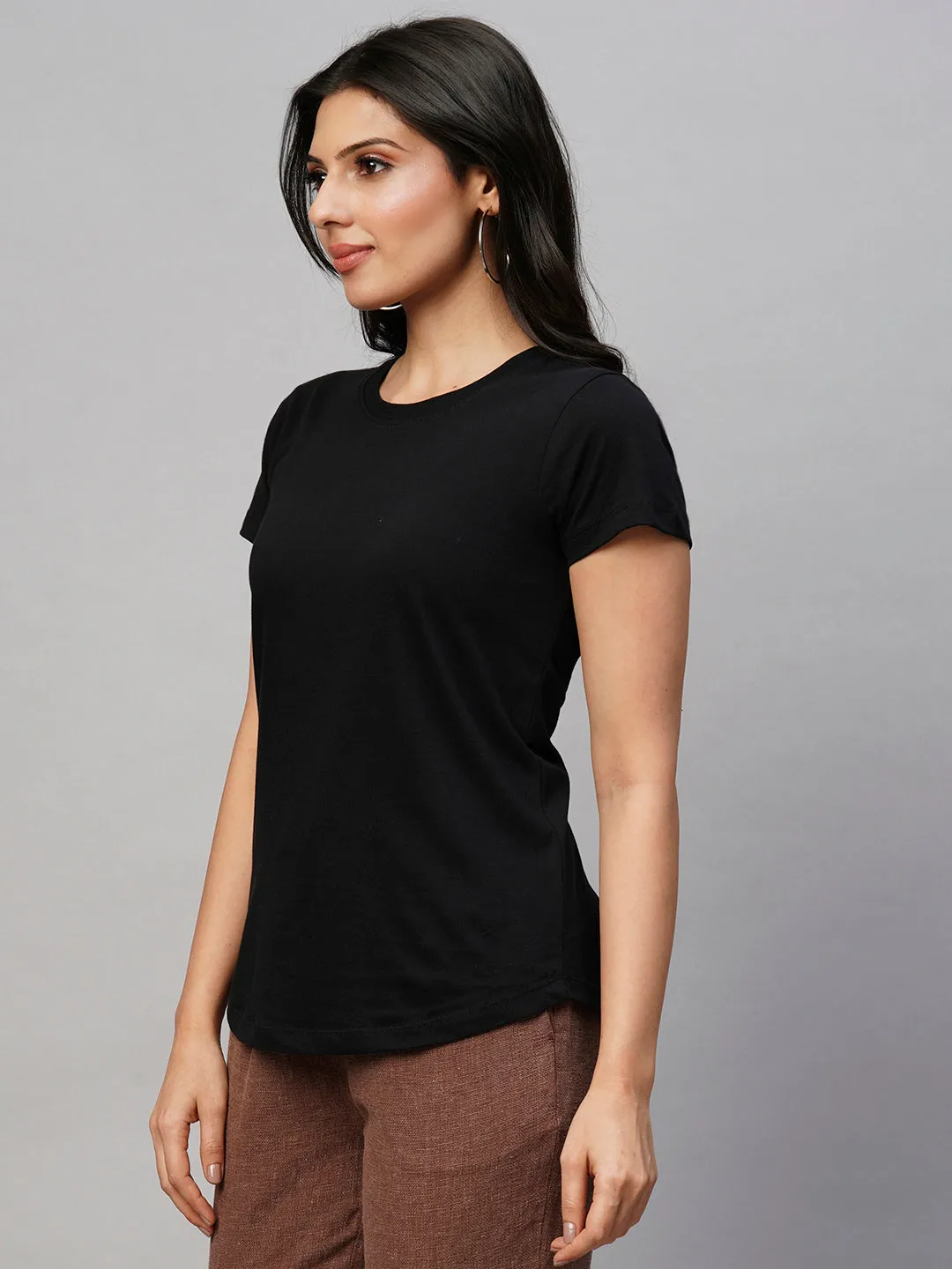 Women's Black Cotton Regular Fit Tshirt