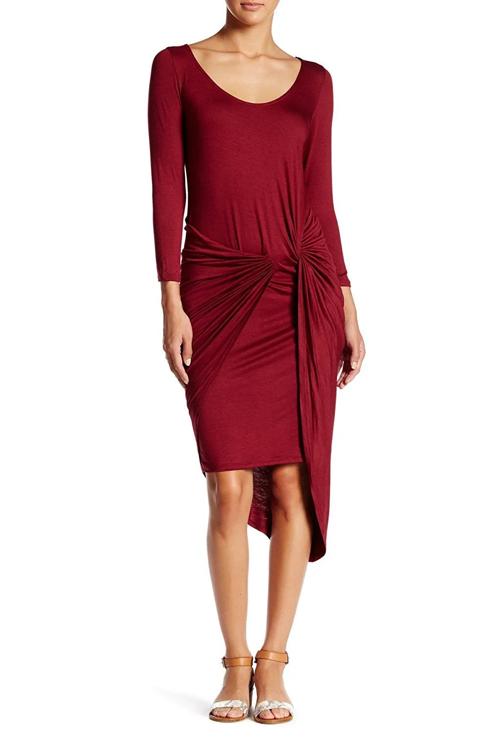 Womens Grey or Burgundy 3/4 Length Sleeve Knot Dress