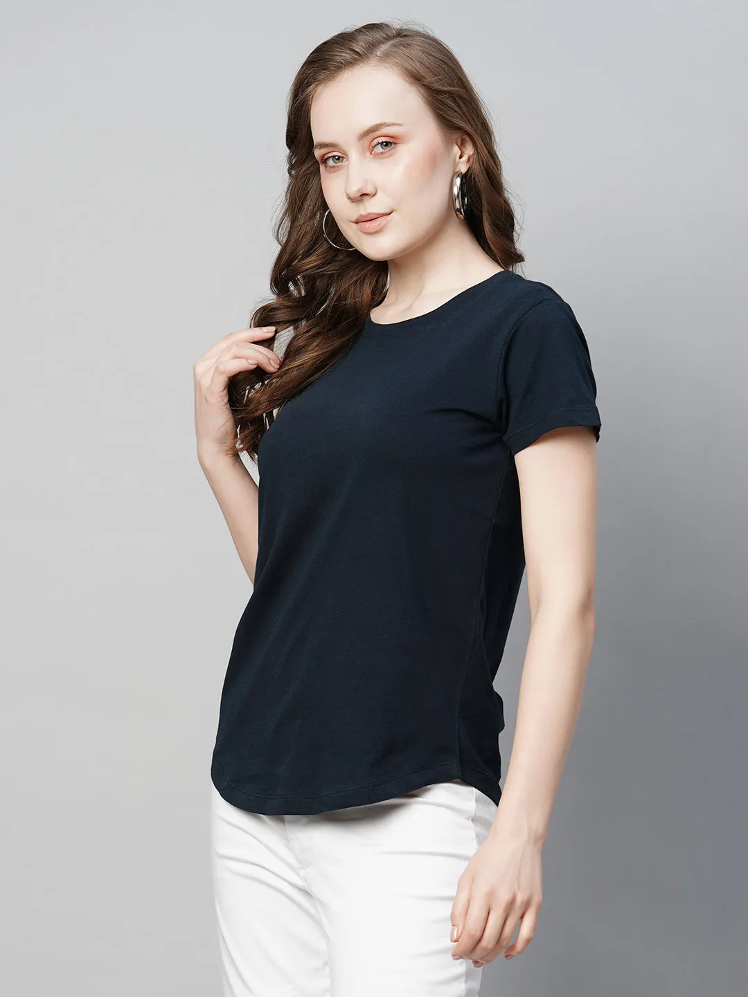 Women's Navy Cotton Regular Fit Tshirt